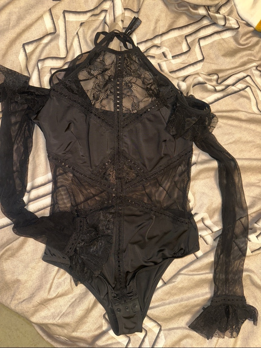 Sheer Lace Cold-Shoulder Black Bodysuit